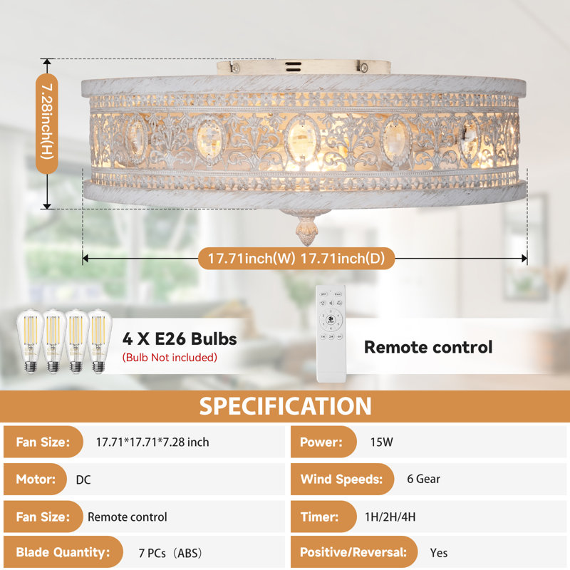 Ventilateur de plafond encastré en cristal orné de 18 po Farmhouse, Blanc / Doré