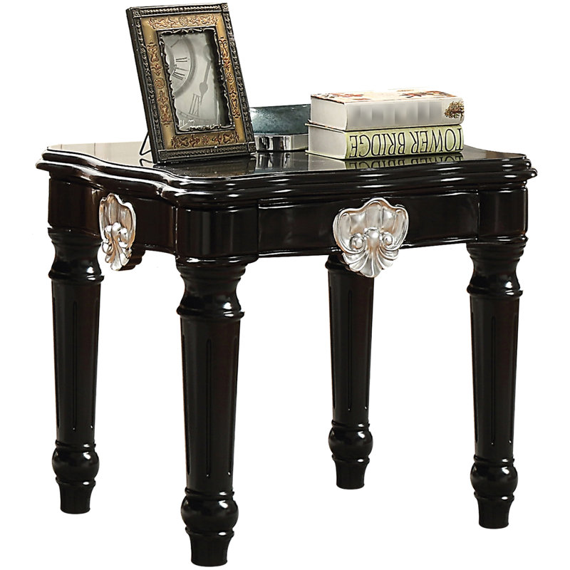 Table de bout noire avec base tournée et éléments en bois de peuplier