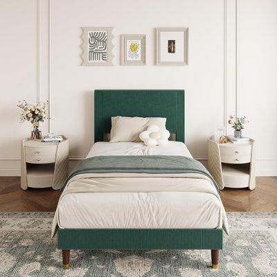 Twin Bed – Fabric Upholstered Headboard, Metal Slats, Under-Bed Storage, Green