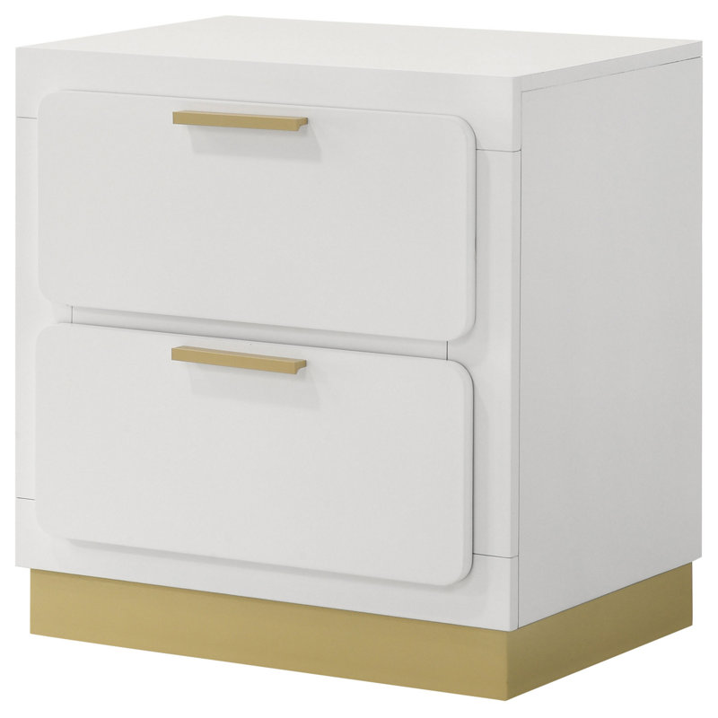 Table de chevet Caer, 2 tiroirs, base décorative dorée, poignées de bar, Blanc