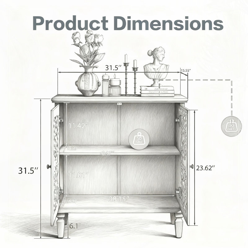 Buffet de rangement à 2 portes, tablette réglable et pieds en bois massif, Blanc antique