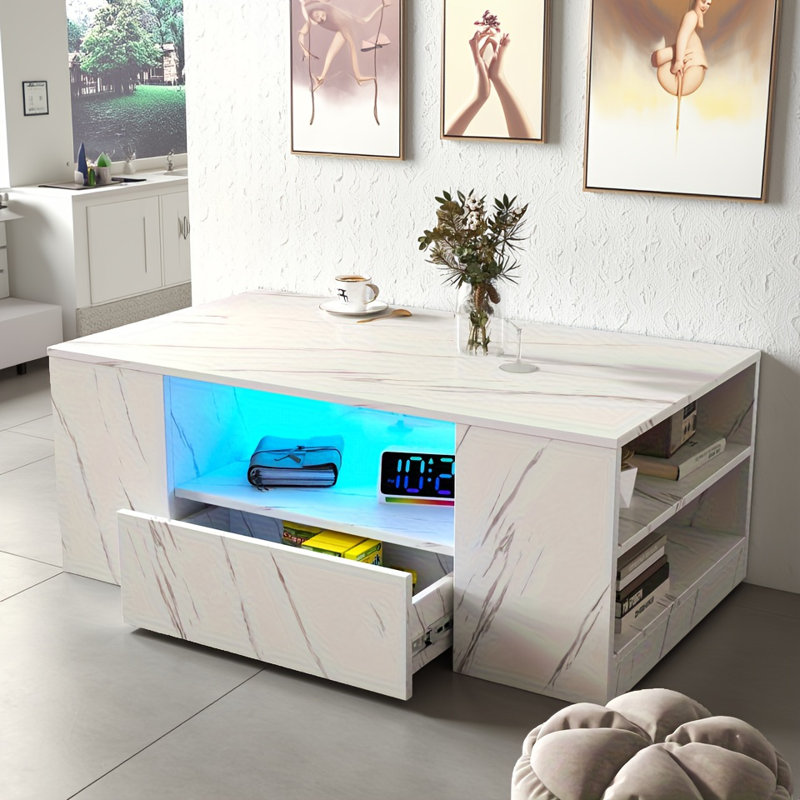 Table basse moderne à DEL avec 2 tiroirs et tablette ouverte, éclairage à télécommande 20 couleurs, table de rangement centrale pour le salon