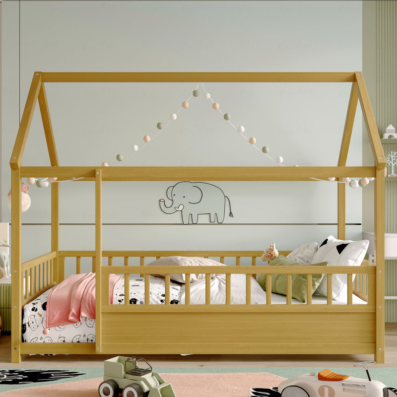 Matériau de la structure de lit en bois avec cadre de toit de maison, garde-corps de clôture, Lit simple
