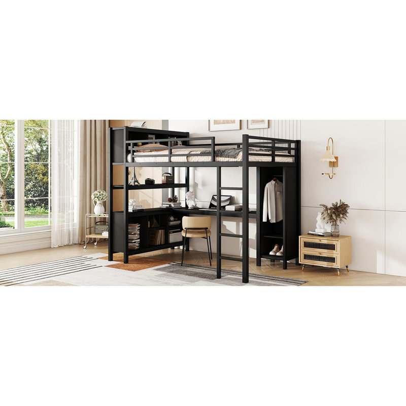 Lit mezzanine en métal avec rangement et tablettes, noir, armoire pleine grandeur pour bureau pour adolescents, adultes, Noir