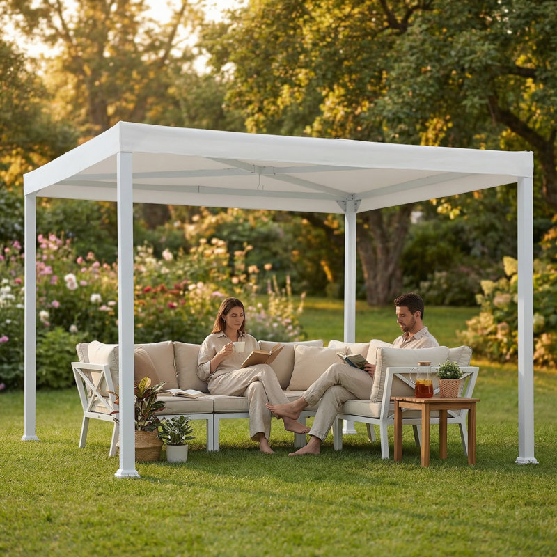 Pavillon de jardin moderne en acier blanc avec plateau plat blanc 10 pi x 10 pi Sunjoy