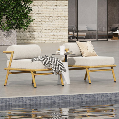 Fauteuil club d'extérieur en fer au fini teck La Fiora, coussin blanc cassé, ensemble de 2