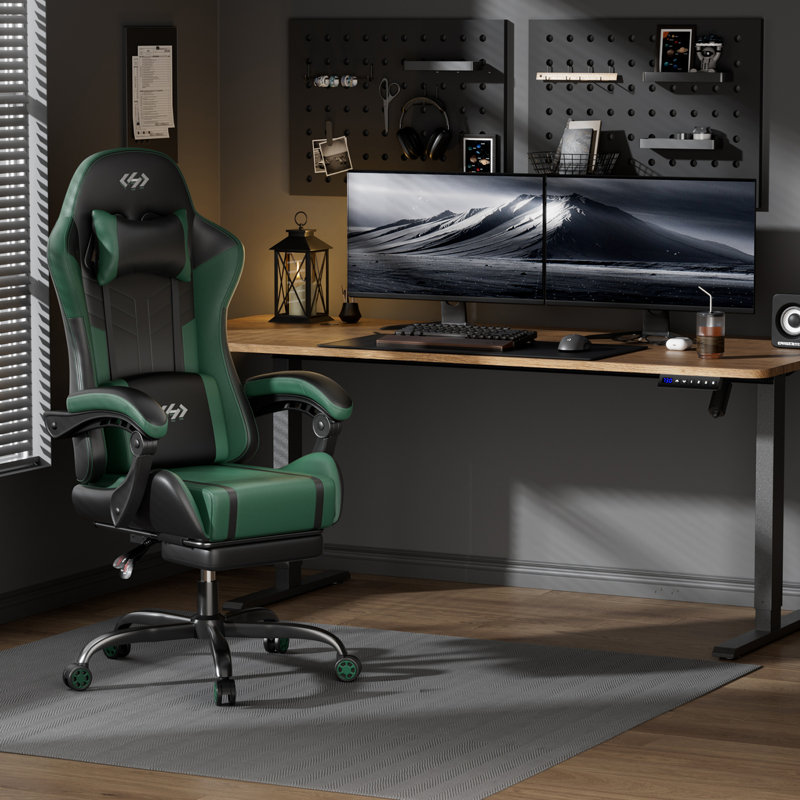 HLDIRECT High-Back Gaming Chair, Ergonomic Video Game Seat with 360° Swivel & Lumbar Massage, Computer Chair PU Leather Cushion for Adults Home/Office Use (Black & Green)