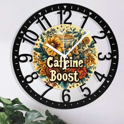 Horloge murale en métal pour le salon - Tasse à café florale caféine Boost 10 po silencieuse, à piles, horloges antiques pour maison de campagne, chambre à coucher, cuisine - chiffres arabes