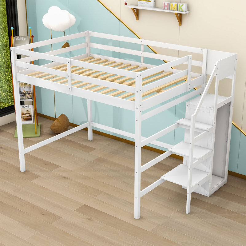 Kewal Space-Saving Full Size Loft Bed With Built-In Wardrobe And Staircase, White
