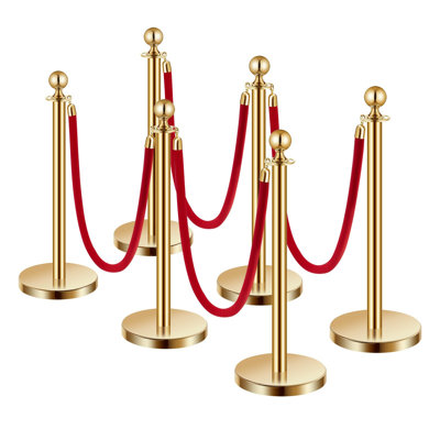 Lot de 6 poteaux en corde de velours doré, hauteur 89 cm, acier inoxydable 201, barrière en corde de velours, doré, base creuse remplissable de sable