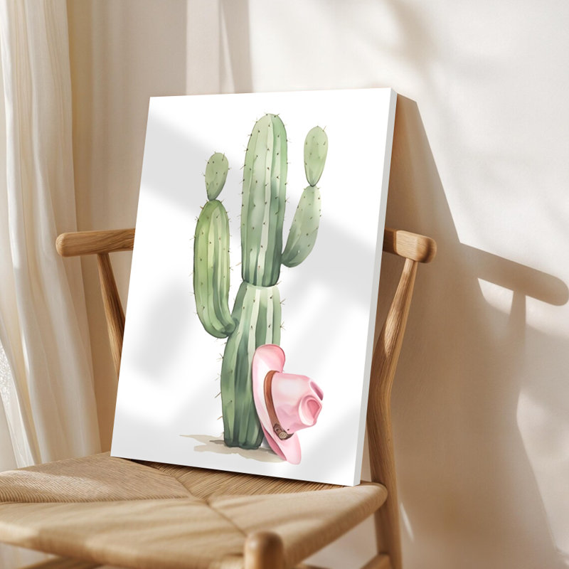 Grand cactus avec un chapeau de cowboy rose, style peinture à l'aquarelle. Art mural encadré en toile - Cadre en bois massif de 24 po x 36 po et 1 po d'épaisseur pour le salon ou la chambre à coucher