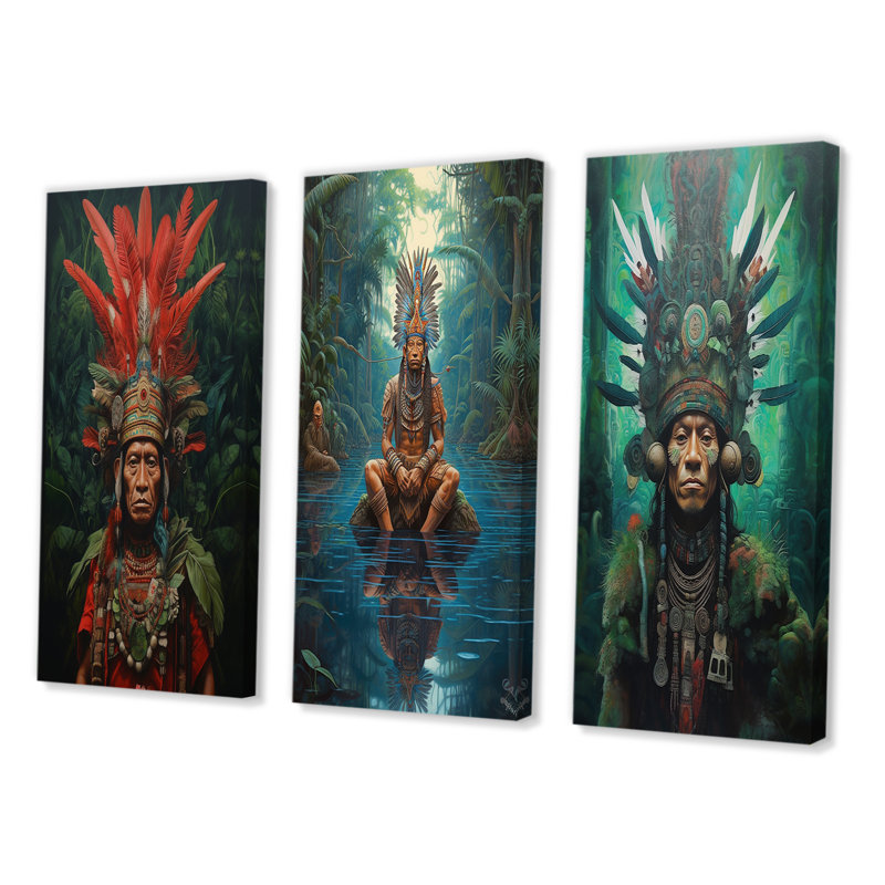 Indigène, chaman, coiffe de plumes de l'Amazonie, ensemble de 3 pièces d'art, Toile tendue, H 20 po x l 36 po