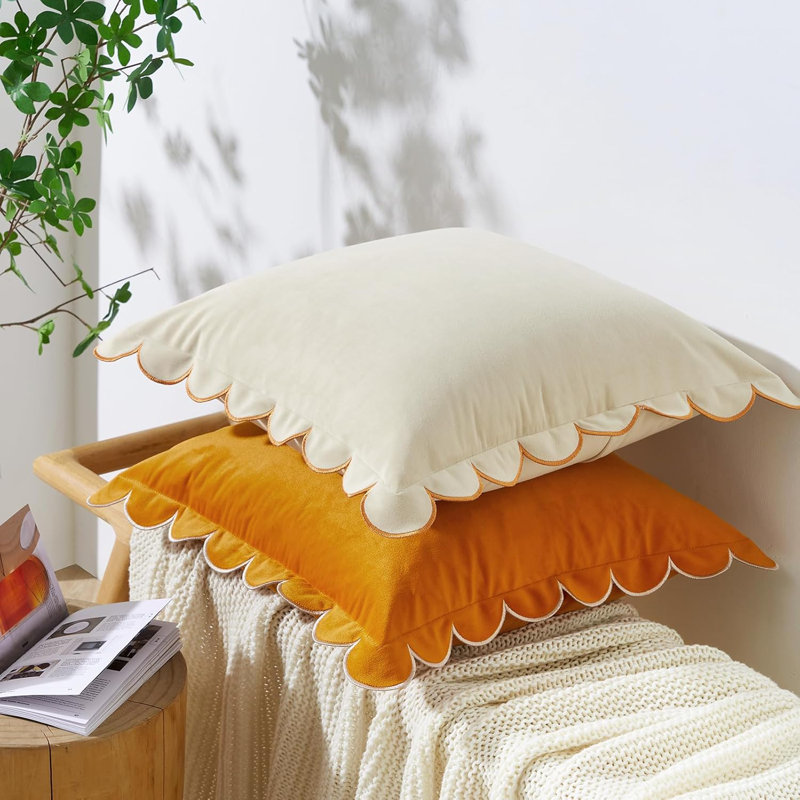 Decorative Throw Pillow Covers Cushion Cases, Set Of 2 Soft Scalloped Round Edge Designs, Mix And Match For Home Decor, Pillow Inserts Not Included (18X18 Inch)