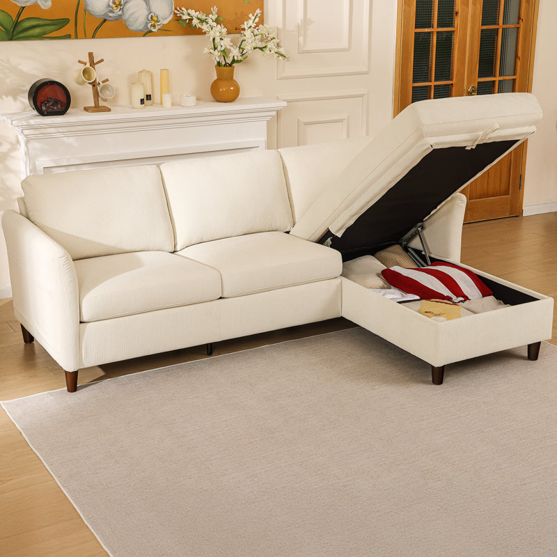 88.5'' W Corduroy Comfy L Shaped Sectional Storage Sofa Modular Cloud Sofa , Beige Corduroy