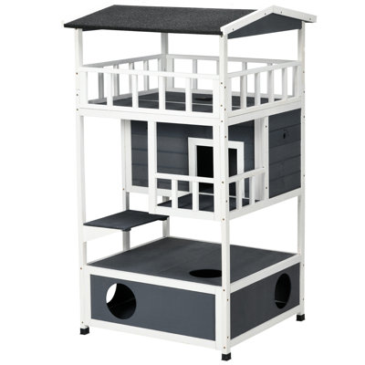 Grey Wooden Outdoor Cat Stylish House, Shelter With Asphalt Roof, Escape Doors, , Jumping Platform For Up To 10lb Kittens Cats 10lbs