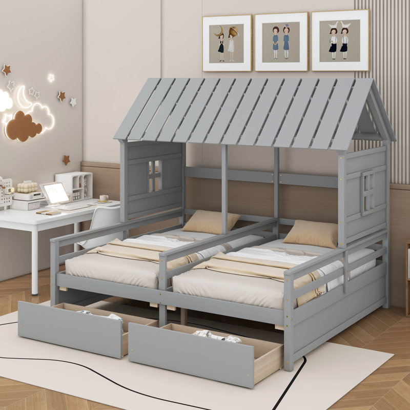 Lit plateforme simple avec 2 tiroirs pour lits partagés, Gris
