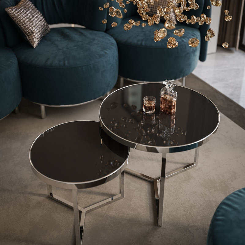 Atsumi 2 Piece Coffee Table, Chrome, Black Glass