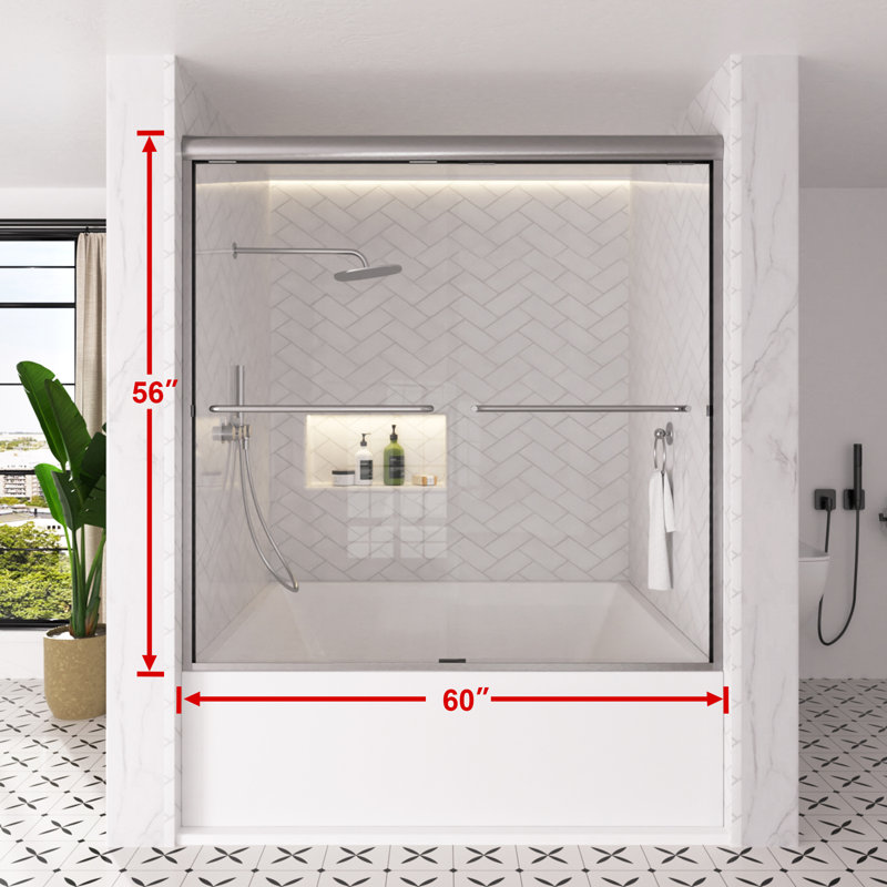 Shine 60 In. W X 56 In. H Semi-Frameless Sliding Tub Door In Matte Black With 1/4 In. Clear Tempered Glass, Brushed Nickel