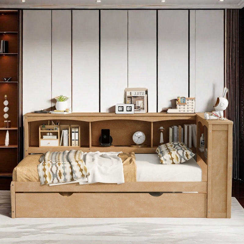 Lit de jour moderne avec lit gigogne, armoires de rangement et ports USB, Naturel