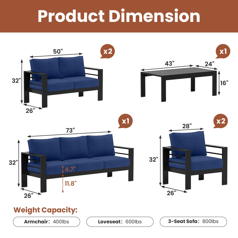 Aluminum 9-Person Outdoor Conversation Sets, Black/Dark Blue