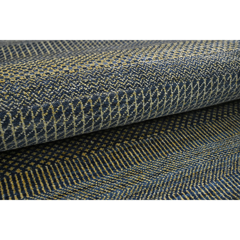 High-Quality Hand-Knotted Denim Blue And Gold Area Rug