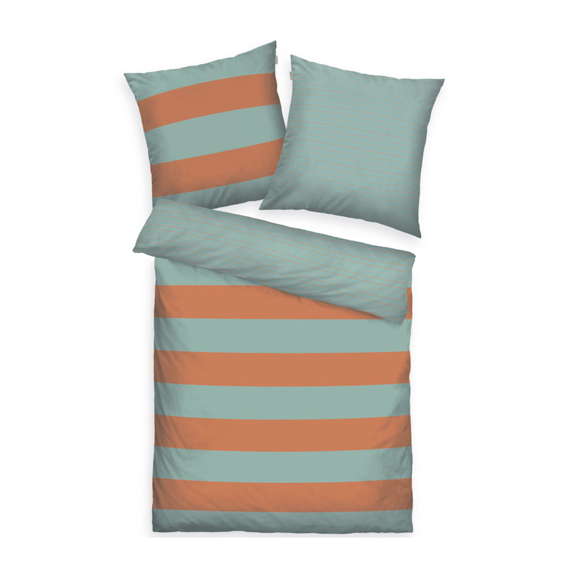 BOLD STRIPES Cotton Duvet Cover Set Set, 155 x 220 cm + 80 x 80 cm, Warm Coral/Fresh Sage