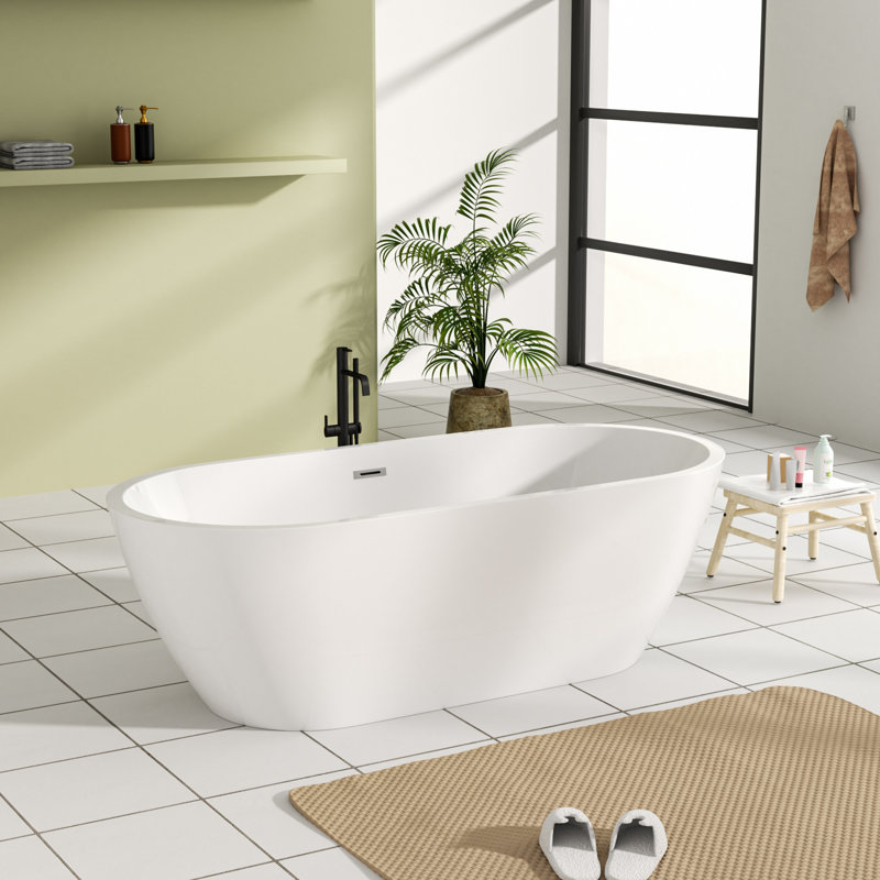 67"L × 30"W Freestanding Soaking Acrylic Bathtub with Pop-up Drain and Overflow