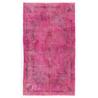 5.6x10 Ft Distressed Handmade Turkish Rug with Medallion Design Over-dyed in Pink Colour