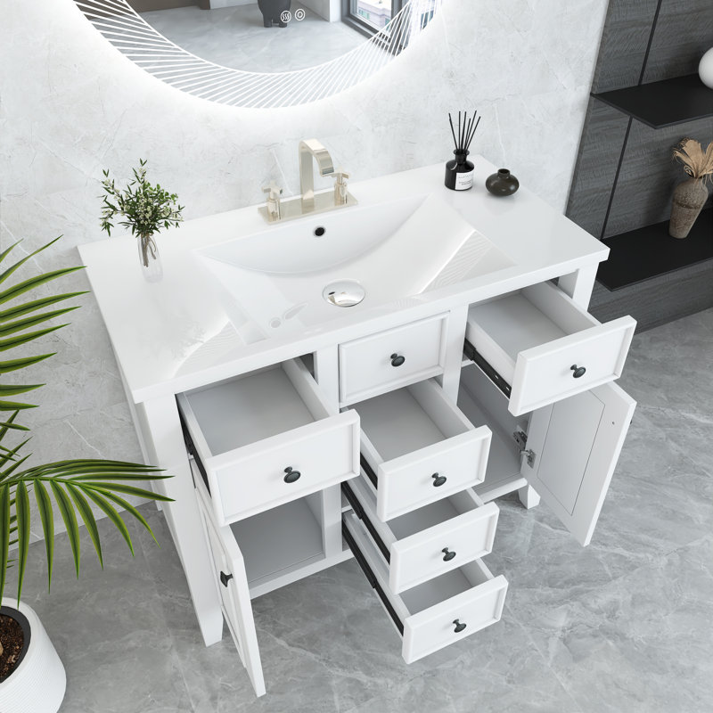 Meuble-lavabo simple avec plateau en céramique 35,98 po Daquion, Blanc