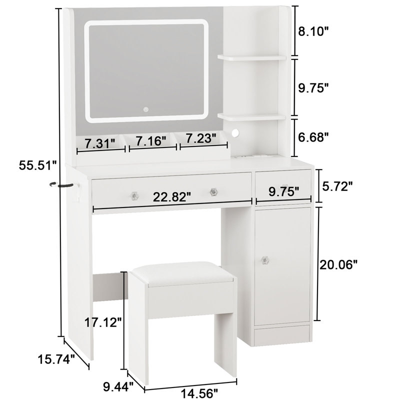 34" W Vanity Desk Set With Led Lighted Mirror & Power Outlet, Makeup Table Top with 3 Open Bookcases, 2 Drawers, Dresser Table for Bedroom, Checkroom