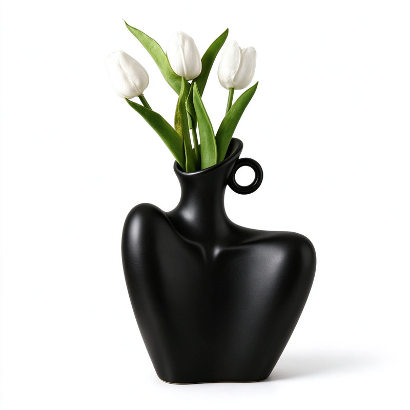 Vase en céramique noir moderne moderne, vase à sculpture abstraite pour la décoration intérieure