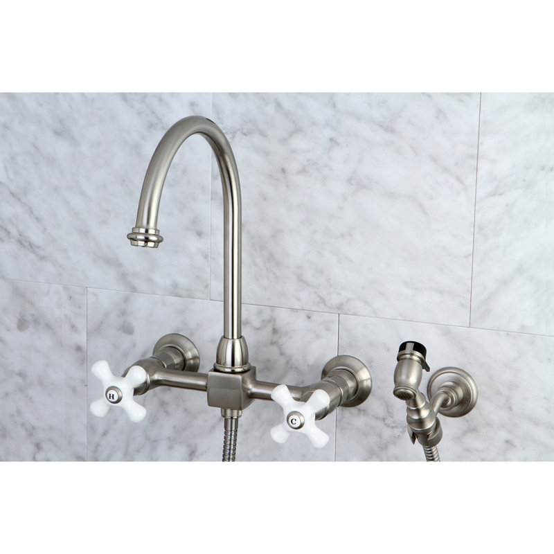 Kingston Brass Restoration Double-Handle 3-Hole Wall-Mount Bridge Kitchen Faucet with Brass Sprayer, Brushed Nickel