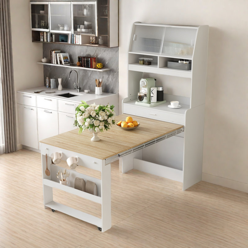 Buffet With Hutch And Foldable Dining Table, Storage Shelves, Side Hooks And A Cabinet With Sliding Doors, Natural/White