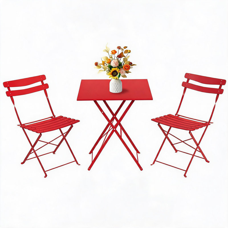 Ensemble de bistro pliant 3 pièces en métal, gain de place - Table et chaises de patio résistantes aux intempéries - Aucun assemblage requis, rangement facile - Balcon, véranda, jardin, cour - Rouge