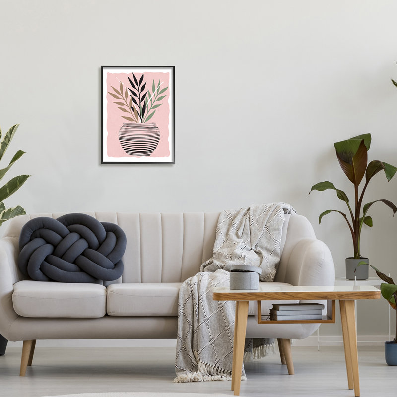 Plant Sprout Branches Minimalistic Abstract Moted Pot Pink XXL Black, art numérique de la giclée encadrée par Daniela Santiago