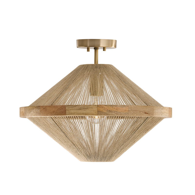Luminaire suspendu 1 lumière 19,75 po x 16,25 H en laiton mat avec bois de manguier et corde de jute tissée à la main