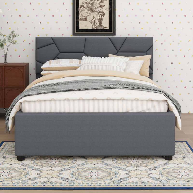 Lit plateforme tapissier avec lit gigogne, Beige, Grand, Tiroirs
