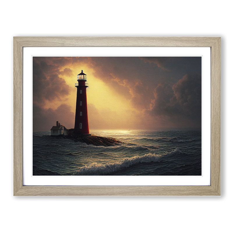 Entrancing Lighthouse Seascape 1 Piece Single Picture Frame Wall Art, 25cm H x 34cm W x 2cm D, Oak