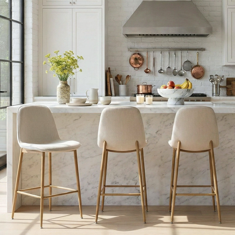  25.5" Upholstered Full Back Counter Stools, Beige