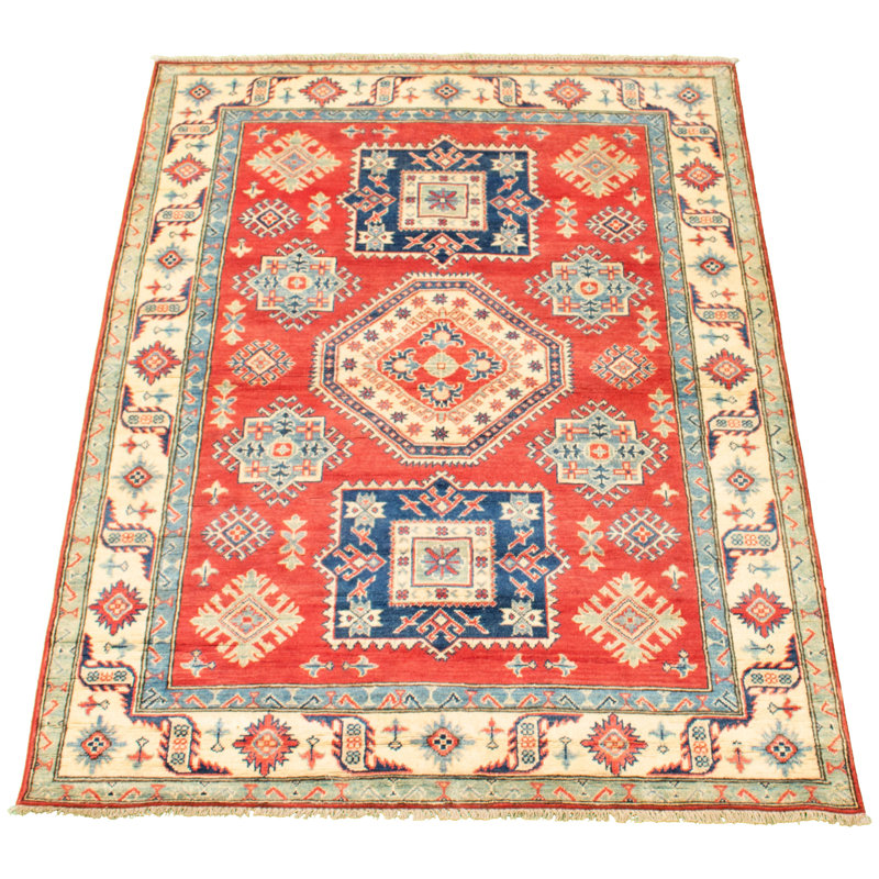 Tapis unique en laine noué à la main de style Gazni rouge / or des années 2010 de 5 pi 2 po x 7 pi Qaiden