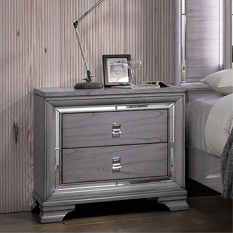 Table de chevet 2 tiroirs en bois avec bordure miroir, gris clair