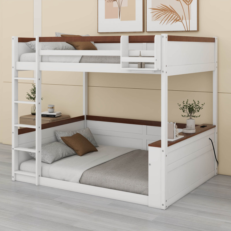 Grand lit superposé en bois avec tablettes intégrées et boîte de rangement, lits superposés à plancher bas, lumière DEL et station de charge USB