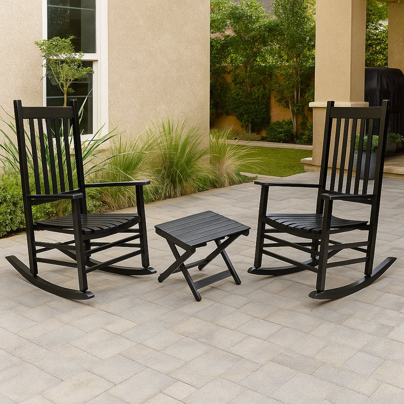 Emjay 3-Piece Outdoor Wood Rocking Chair And Square Folding Table Set, Black