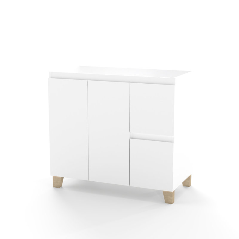 Meuble-lavabo moderne de 36 pouces avec 2 portes et tiroirs, fermeture en douceur, conception à poignée, finition blanche, pieds en bois, ajusté pour meuble-lavabo en céramique, meuble-lavabo à grands tiroirs, naturel