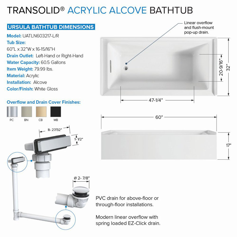 Transolid Unity AFR 60-in x 32-in x 17-in Alcove Acrylic Bathtub Kit, White, Polished Chrome, Left
