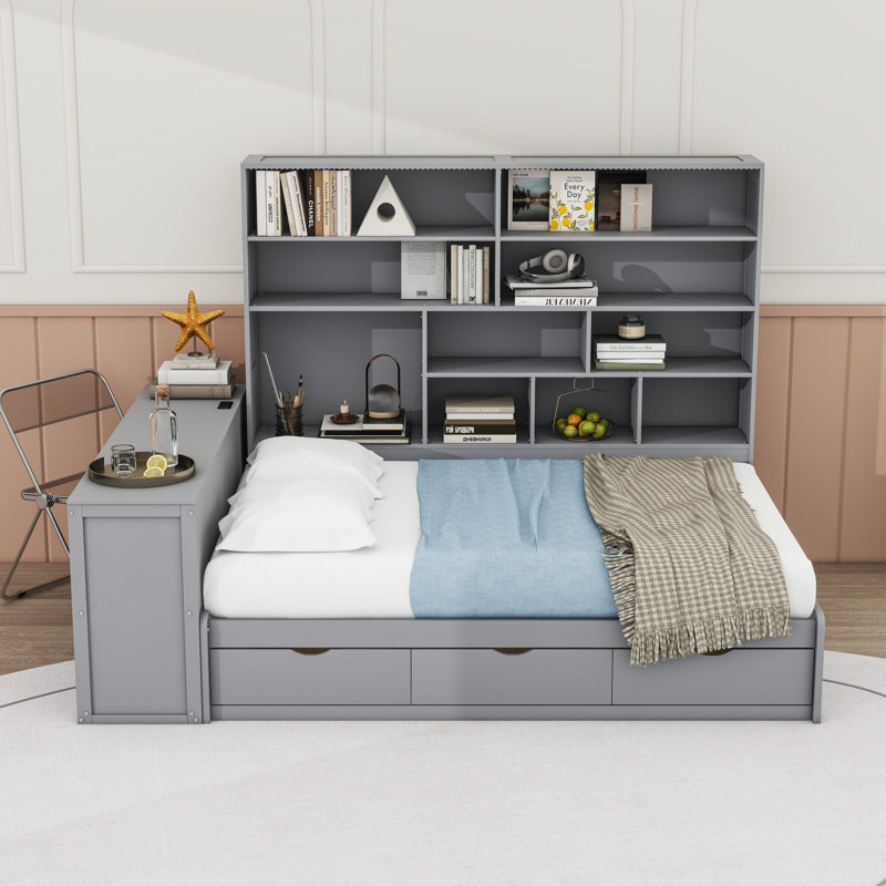 Lit de jour double en bois avec poste de travail et grand rangement, bureau, Gris