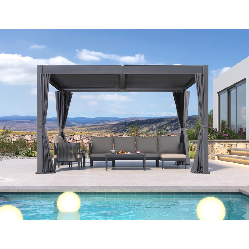 Pergola à persiennes mauve avec filet et rideaux, 10 pi x 13 pi
