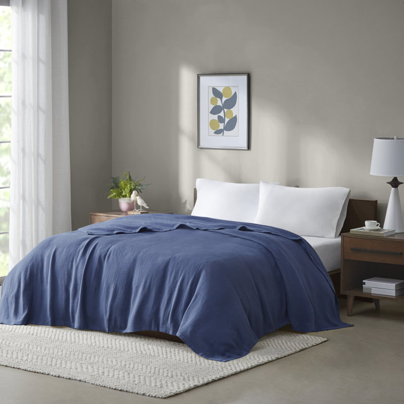 Couverture pour lit très confortable 100% coton bleu marine Freshspun Basketweave, Très grand lit, Marine