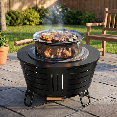 IAMSII 26" Smokeless Fire Pit 3x Airflow Triple-burn Stainless Steel Outdoor Wood Burning Fireplace With Grill Pan, Removable Ash Pan & Stand Included