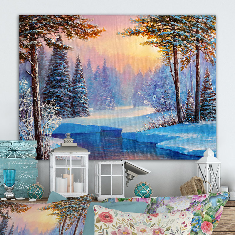 «Sunset On River Winter Landscape», reproduction sur toile flottante, H 8 po x l 12 po x P 1 po, Toile tendue